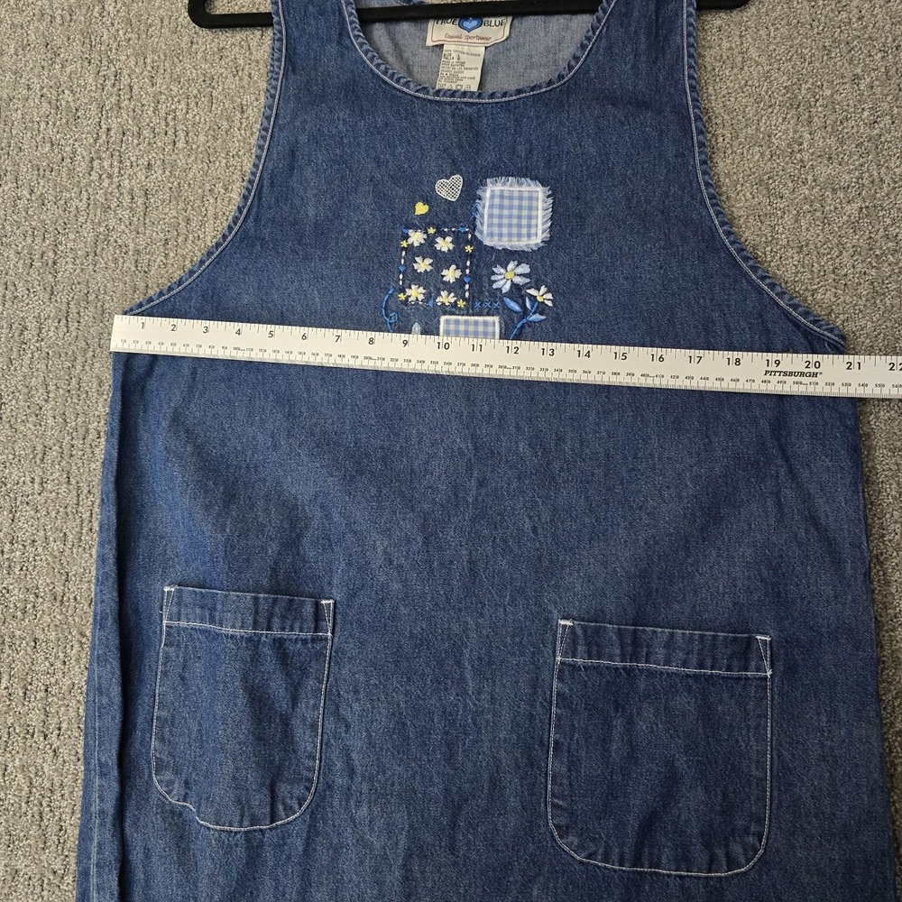 True Blue Denim Jumper Dress Womens L Floral Embroidered Pockets Casual Dress - Picture 6 of 6